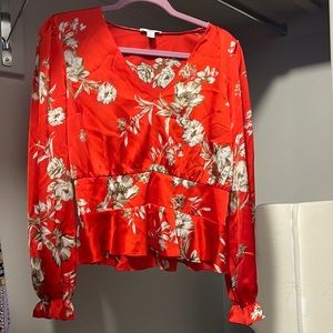 Orange, satin, v-neck blouse